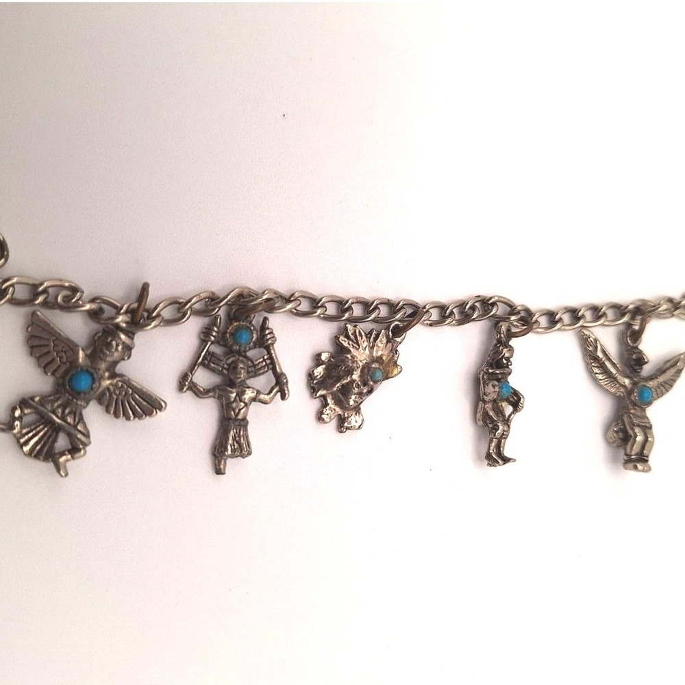 Vintage Southwestern charm bracelet blue stone oxidized silver tone